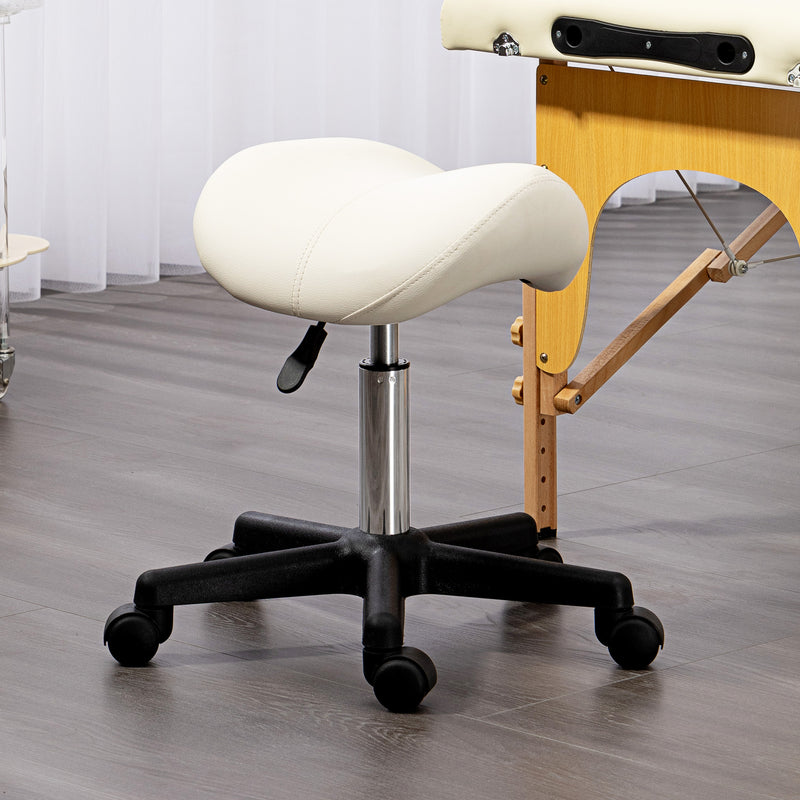 Adjustable Saddle Stool with PU Leather Seat and Wheels for Salon or Spa Use White