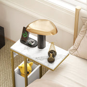 White C Shaped Side Table with USB Charging Station and Faux Marble Top for Living Room