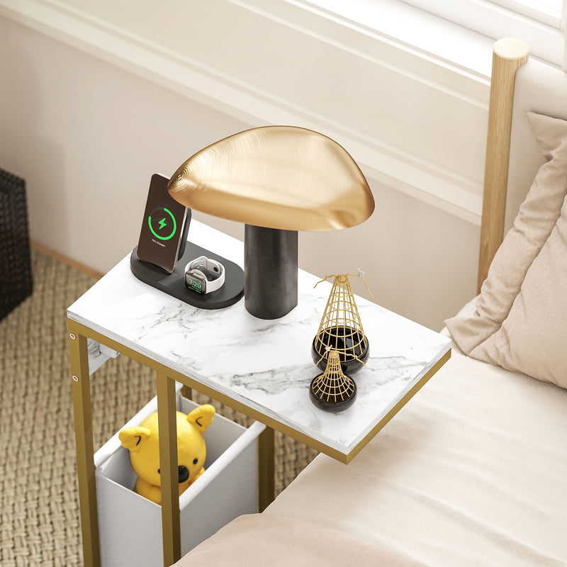 White C Shaped Side Table with USB Charging Station and Faux Marble Top for Living Room