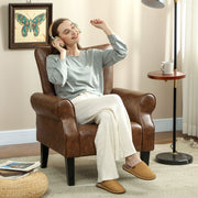Upholstered Accent Chair with Rolled Arms and Wooden Legs for Lounge or Bedroom, Brown