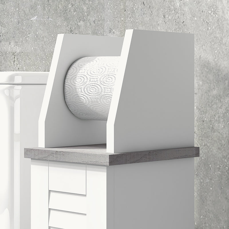 Slim Bathroom Storage Cabinet With Roll Holder Adjustable Shelf And Cupboard, White