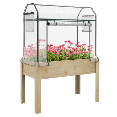 Wooden Raised Garden Planter with Greenhouse Cover Ideal for Vegetables and Herbs Brown