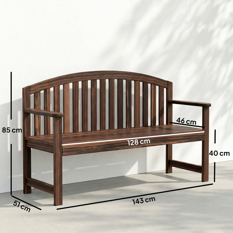Wooden Garden Bench for Two with Curved Back and Armrests for Outdoor Comfort Carbonised Finish Outsunny