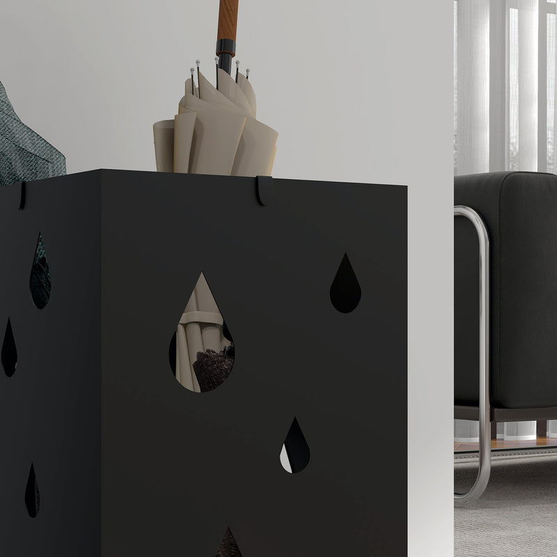 Steel Umbrella Stand with Removable Drip Tray and Hooks for Hallway Storage, Black