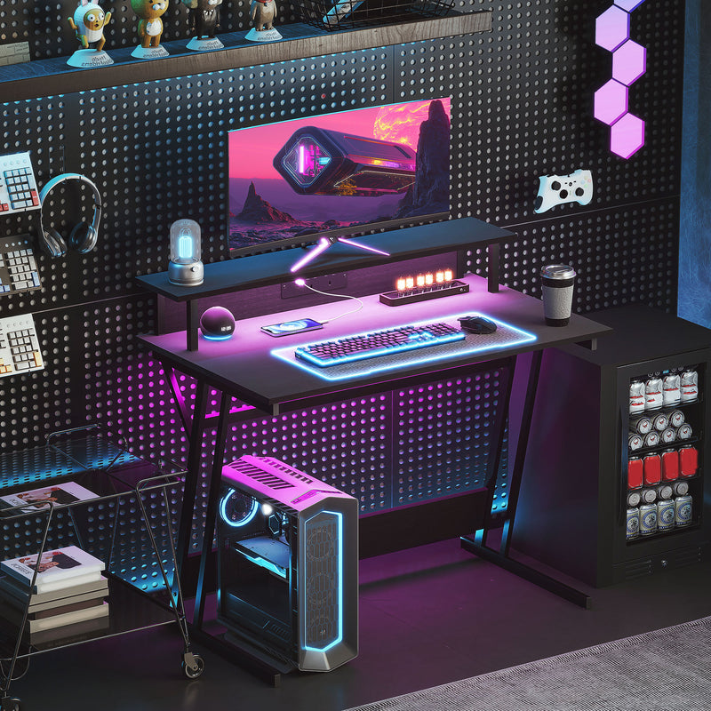 Black Gaming Desk with LED Lights and Power Outlets 100 x 60cm Z Shaped by HOMCOM