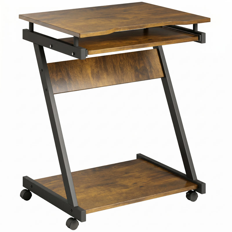 Compact Rolling Desk with Keyboard Tray and Storage Shelf for Small Spaces Rustic Brown