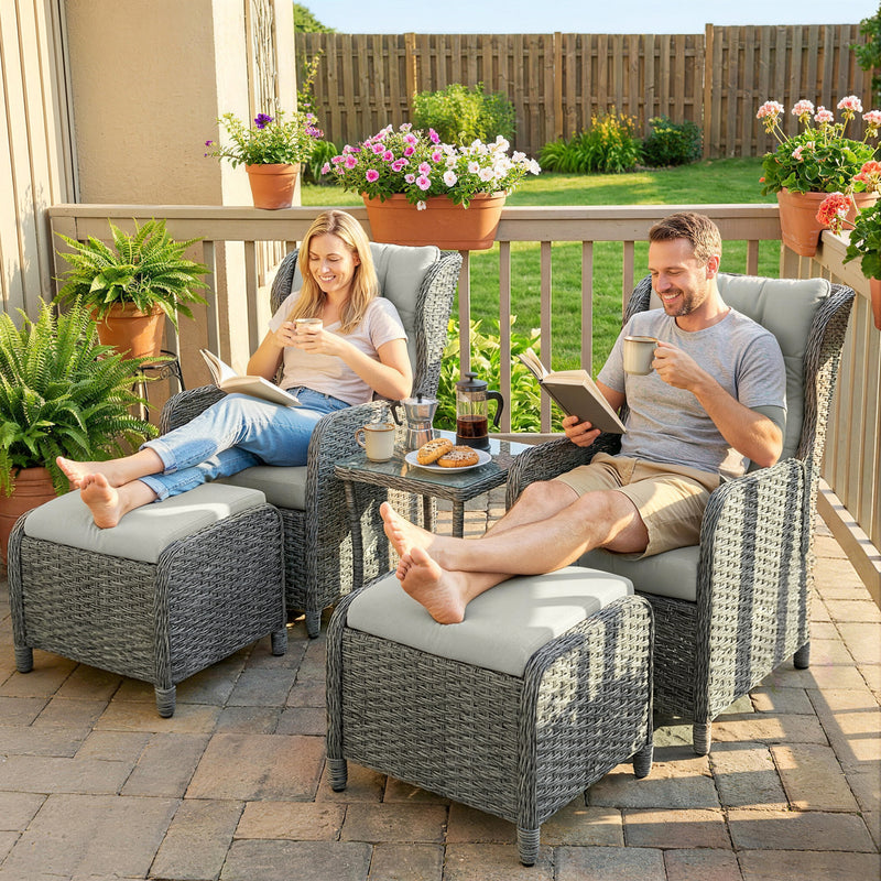 Rattan Garden Bistro Set with Reclining Chairs and Footstools for Relaxing Outdoors Cream White
