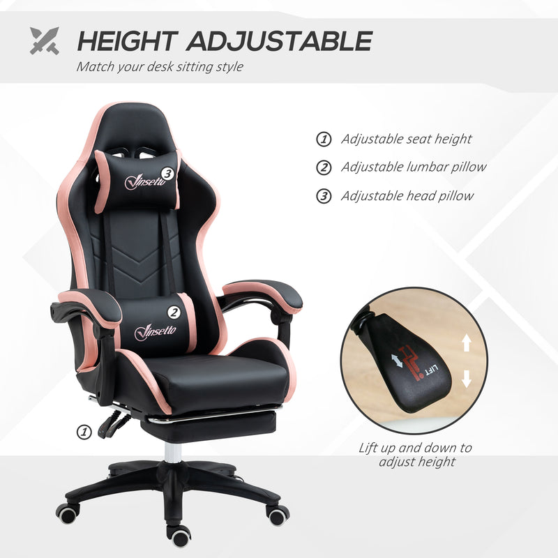Reclining Gaming Chair With Footrest and Lumbar Support For Office or Home Use, Black and Pink