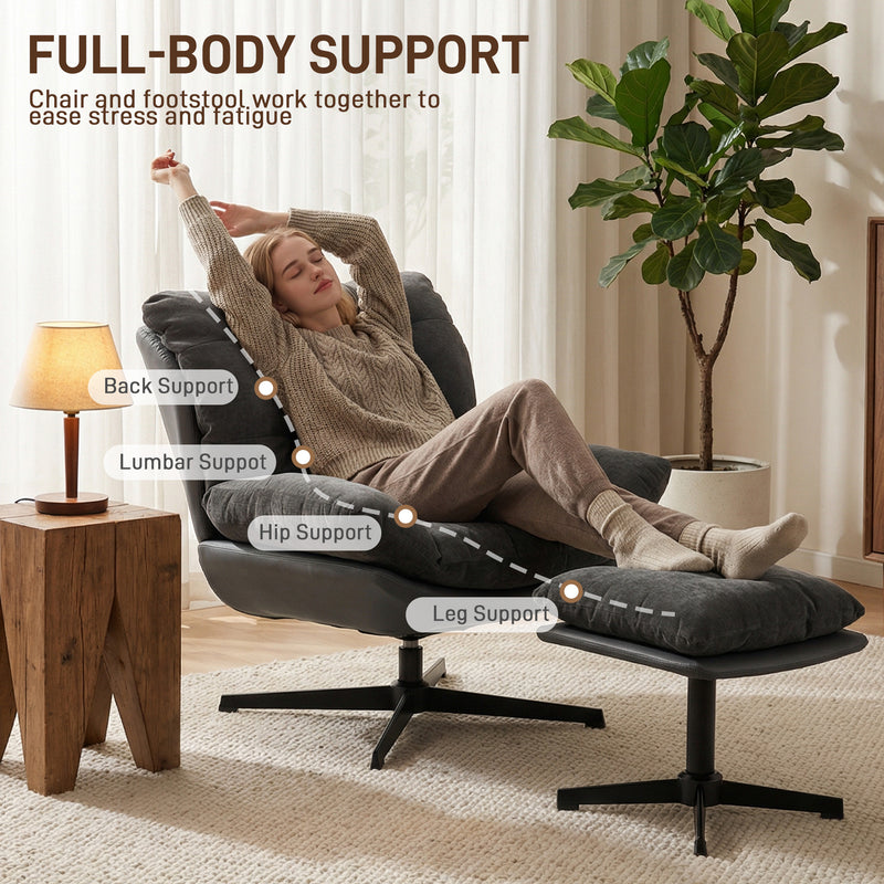Swivel Accent Chair and Footstool Set for Relaxing in Living Room or Bedroom Dark Grey AOSOM