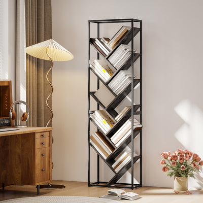 Modern Bookcase For Home Office Organisation - 10 Tiers - Black Metal Frame With Angled Grey Shelves Homcom