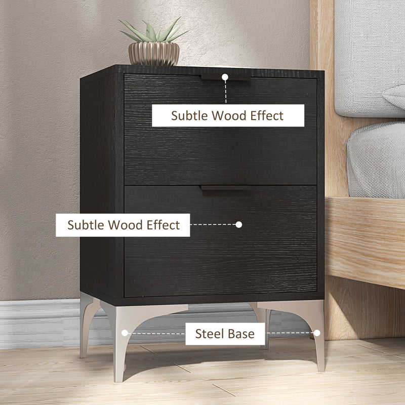 Set of Two Wooden Bedside Tables with Storage and Steel Frame for Bedroom, Black
