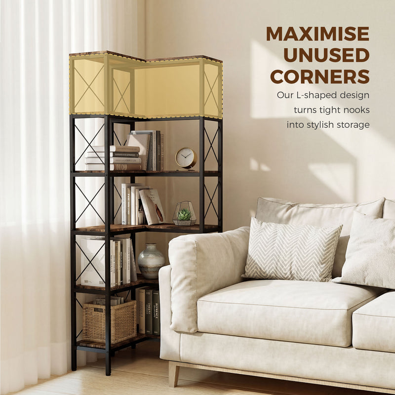 Corner Bookshelf with 5 Shelves for Space Saving Storage and Display Rustic Brown Homcom