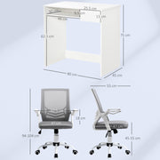Home Office Desk and Mesh Chair Set with Flip Up Arms and Drawer Keyboard Tray White Grey