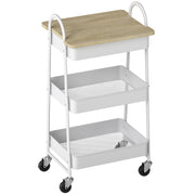 3 Tier Rolling Kitchen Storage Trolley with Worktop and Shelves for Home Use, White Oak