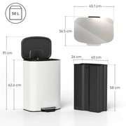50L White Pedal Kitchen Bin with Soft Close Lid and Removable Inner Bucket for Home or Office