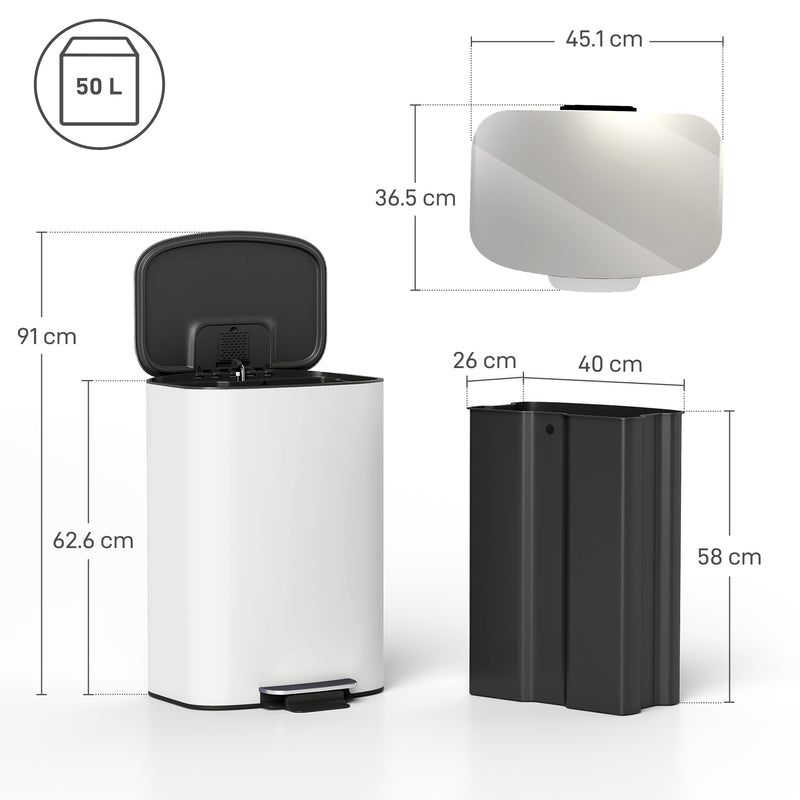 50L White Pedal Kitchen Bin with Soft Close Lid and Removable Inner Bucket for Home or Office