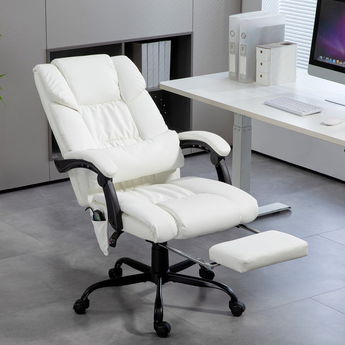 White Leather Office Chair with 6 Point Massage Adjustable Height and Footrest by Vinsetto