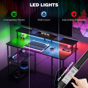 Black Computer Desk with Power Outlets LED Lights and Storage Shelves by HOMCOM