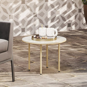 Beige 60cm Round Garden Side Table with Tempered Glass Top and Steel Frame