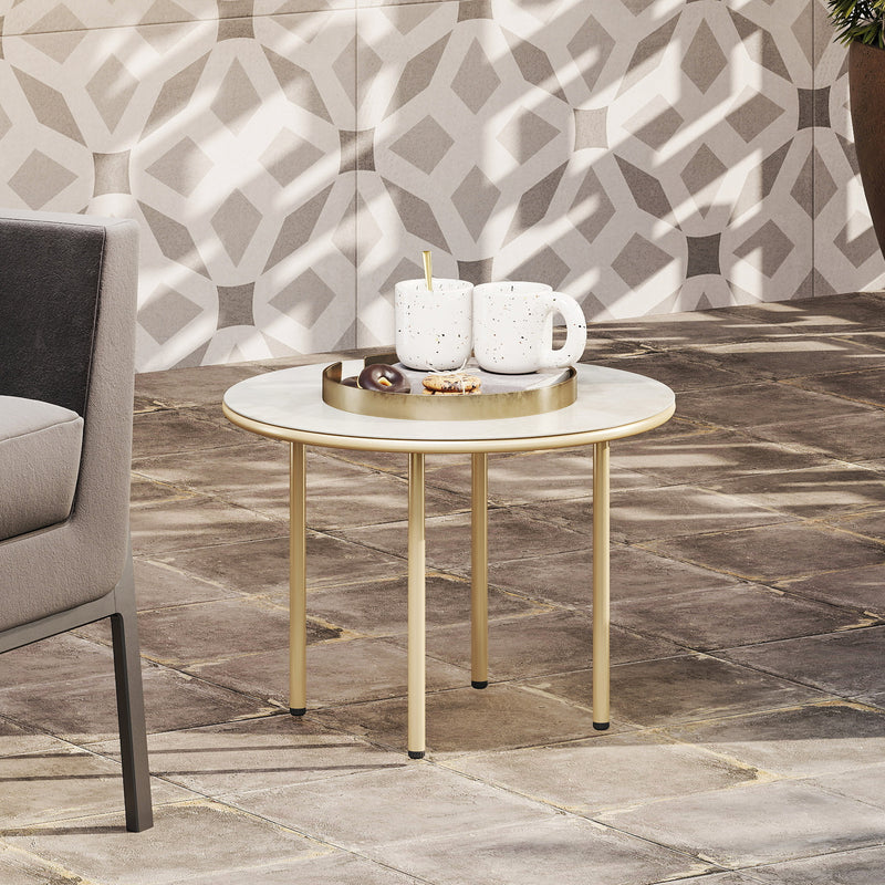 Beige 60cm Round Garden Side Table with Tempered Glass Top and Steel Frame