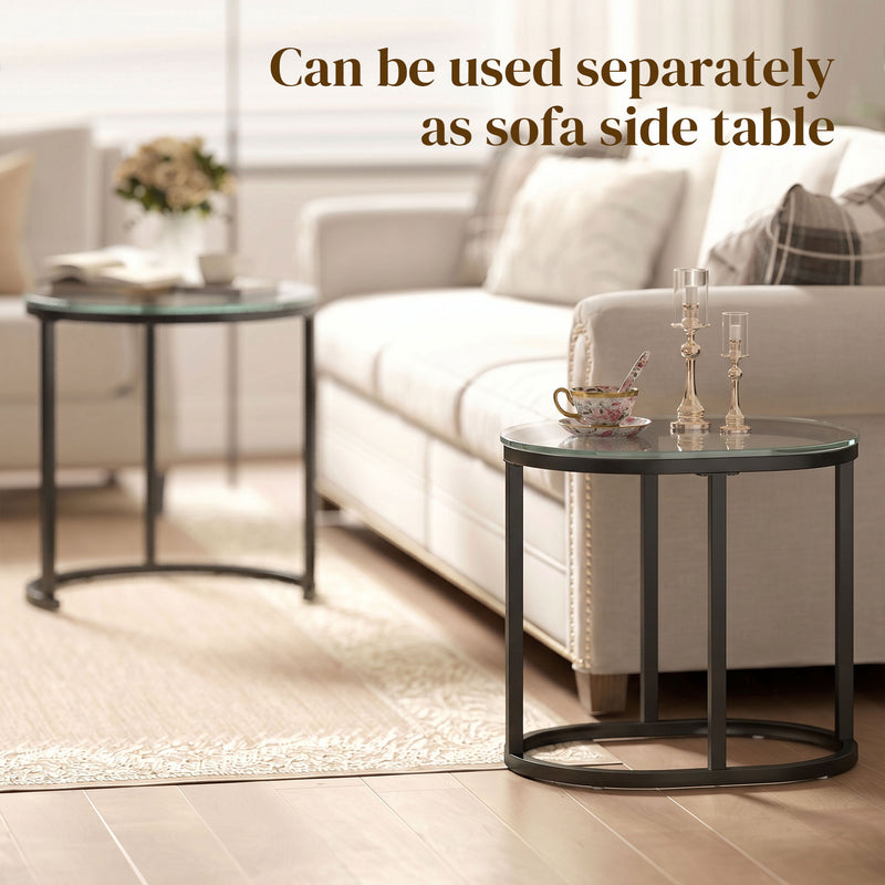 Set of 2 Glass Top Coffee Tables for Extra Living Room Surface Space Black and Clear