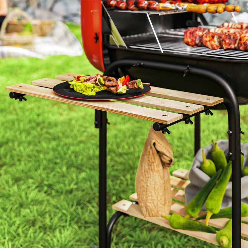 Red Portable Charcoal BBQ Grill with Large Cooking Area Shelves and Wheels by Outsunny