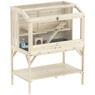2 Tier Wooden Hamster Cage With Shelves and Easy Access Top for Small Pets Natural AOSOM