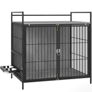 Grey Dog Crate Furniture with Rotating Bowl Holder and Double Doors for Medium Dogs by PawHut