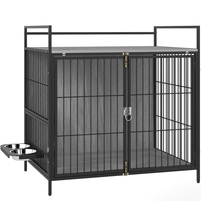 Grey Dog Crate Furniture with Rotating Bowl Holder and Double Doors for Medium Dogs by PawHut
