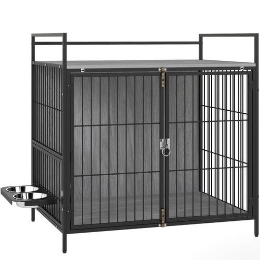 Grey Dog Crate Furniture with Rotating Bowl Holder and Double Doors for Medium Dogs by PawHut