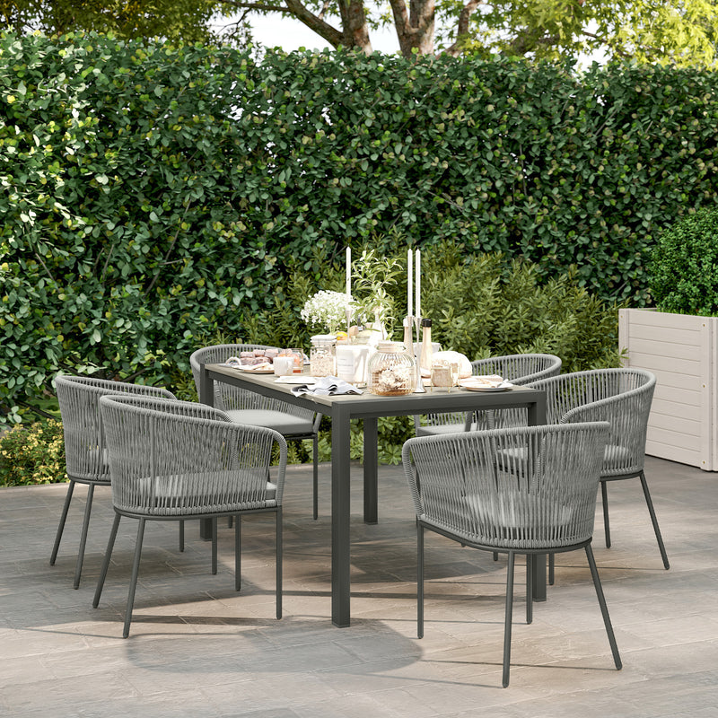 Grey 6 Seater Rattan Garden Dining Set with Rectangular Acacia Table and Cushions by Outsunny