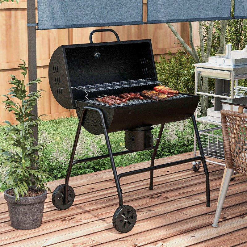 Steel Barrel Charcoal BBQ Grill with Ash Catcher and Warming Rack for Garden Cooking