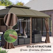 3.65 x 3m Hardtop Steel Gazebo with Aluminium Frame Double Roof Net Sidewalls and Curtains Coffee by Outsunny