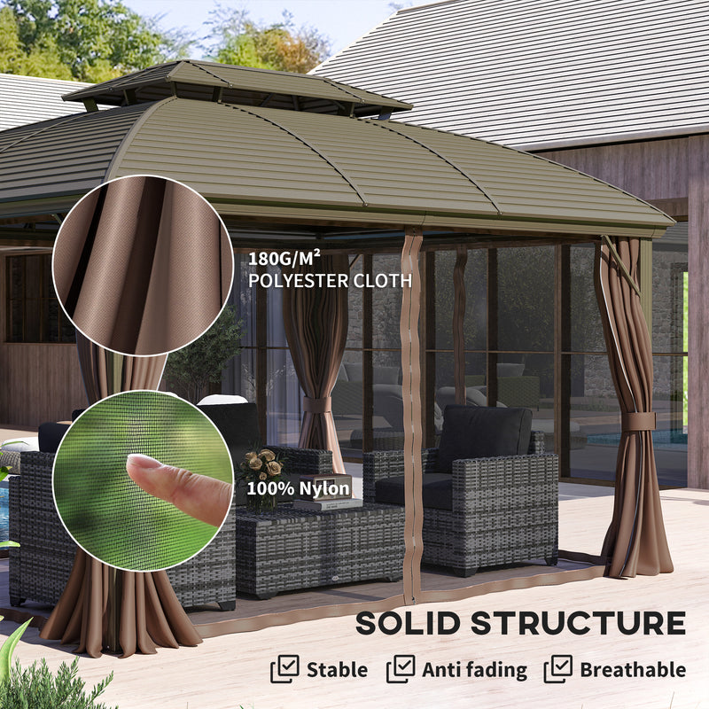 3.65 x 3m Hardtop Steel Gazebo with Aluminium Frame Double Roof Net Sidewalls and Curtains Coffee by Outsunny