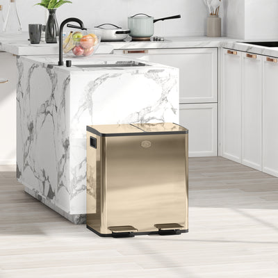 40L Dual Compartment Stainless Steel Recycling Bin with Deodorisers Gold Tone by Homcom