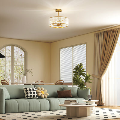 Modern Semi Flush Crystal Ceiling Light With 3 E14 Bulbs For Living Room, Gold Tone