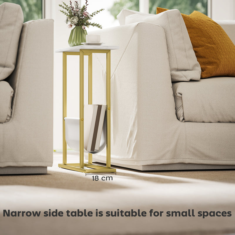 Narrow Side Table with Magazine Rack Ideal for Small Rooms and Bedrooms White Marble Grain