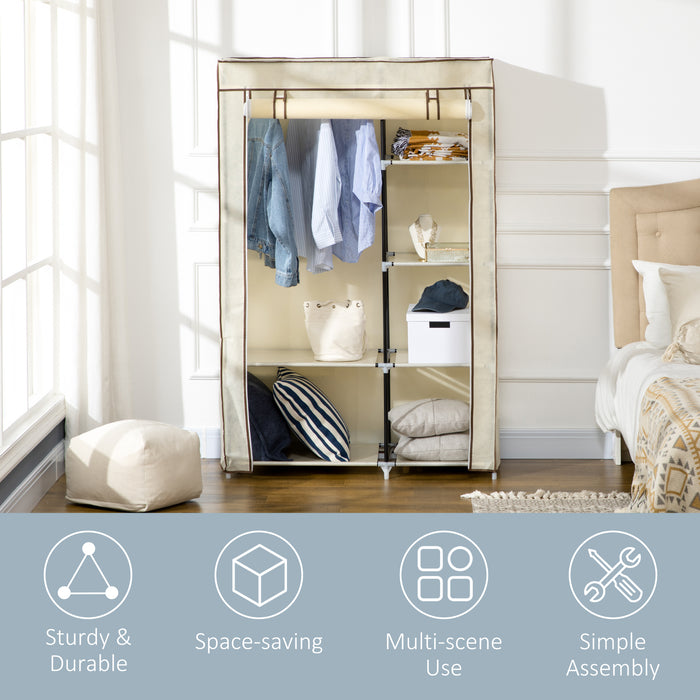 Cream White Fabric Portable Wardrobe with 6 Shelves and Hanging Rail by HOMCOM