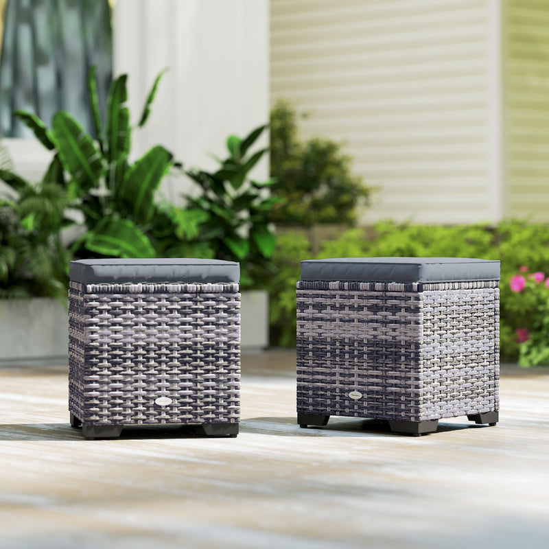 Set of 2 Rattan Storage Ottomans with Cushions for Garden Balcony and Living Room Dark Grey by Outsunny