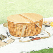 Wicker Picnic Basket for 2 with Cooler Compartment and Wooden Lid for Outdoor Use Light Brown AOSOM