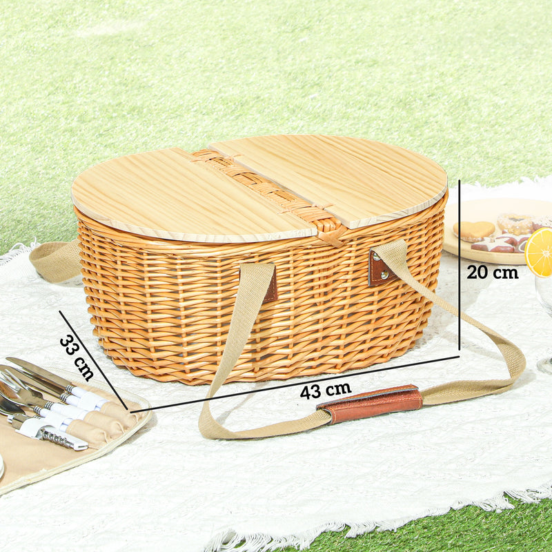 Wicker Picnic Basket for 2 with Cooler Compartment and Wooden Lid for Outdoor Use Light Brown AOSOM