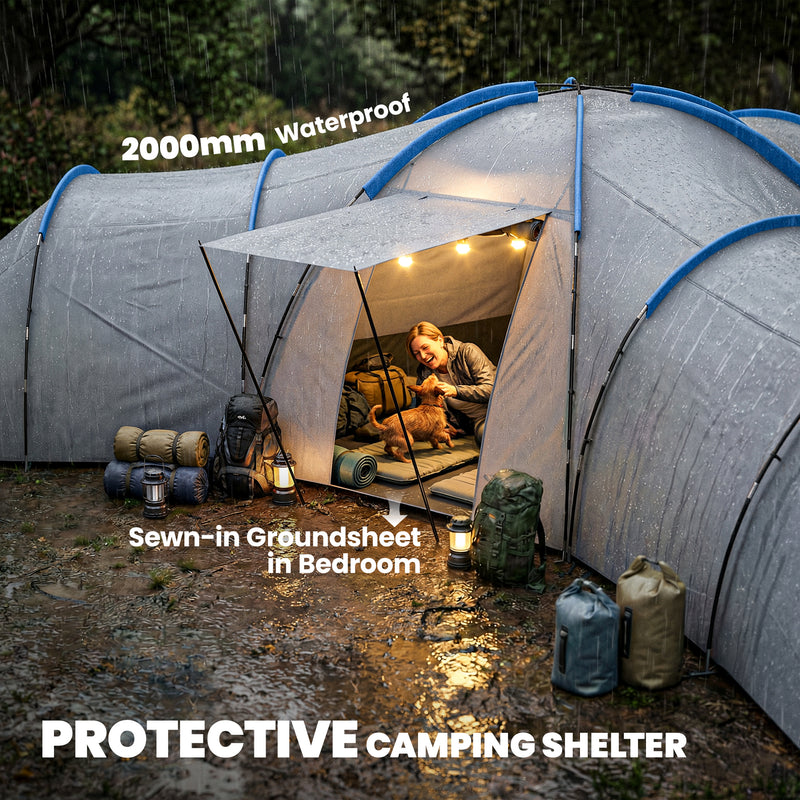 6-9 Person Tunnel Camping Tent With 3 Bedrooms, Living & Porch, Light Grey