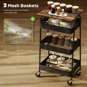 3 Tier Rolling Kitchen Storage Trolley With Top Board For Easy Organisation, Rustic Brown and Black