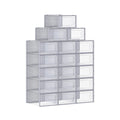 Songmics transparent and grey stackable shoe storage boxes stacked in a pyramid of 18
