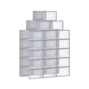 Songmics transparent and grey stackable shoe storage boxes stacked in a pyramid of 18