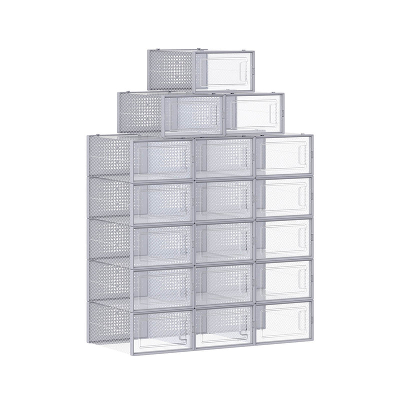 Songmics transparent and grey stackable shoe storage boxes stacked in a pyramid of 18