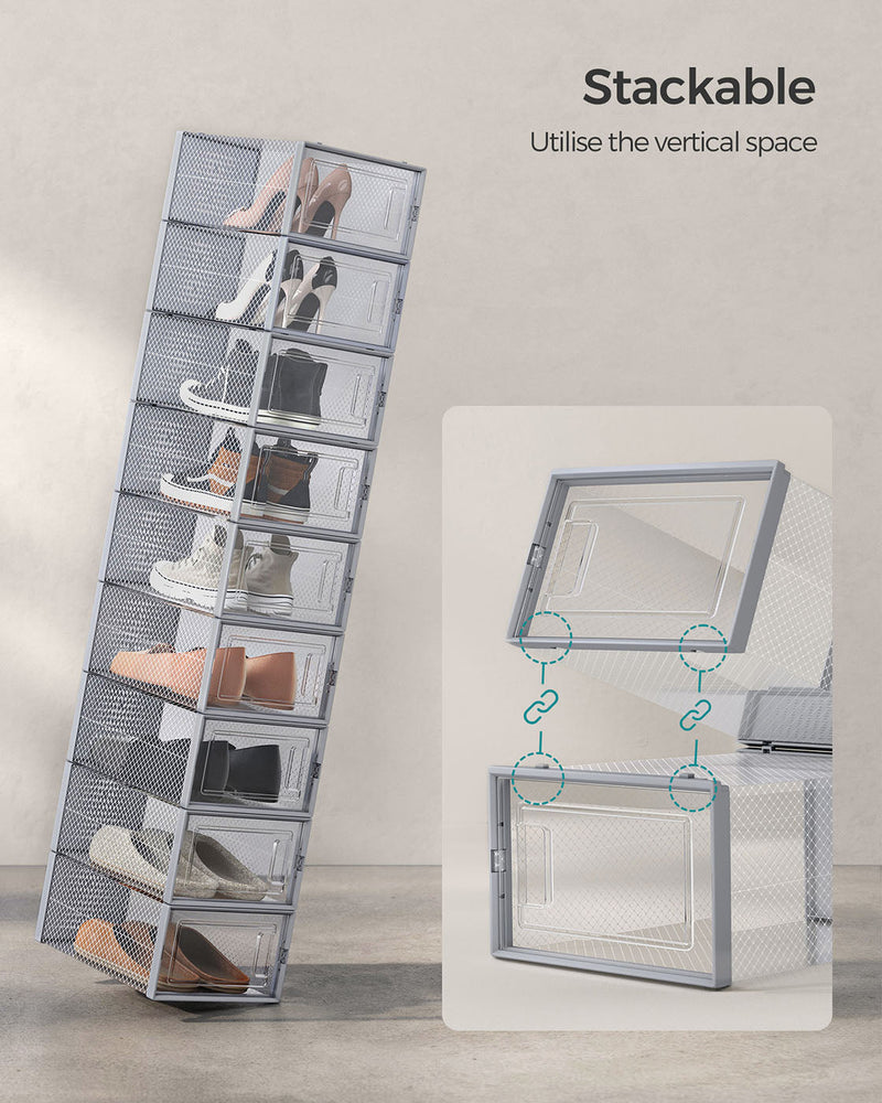 Close-up of the corner clip connectors that stack Songmics shoe boxes together