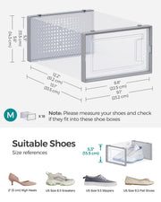 Dimension diagram of a single Songmics shoe storage box showing 33.5 x 23.2 x 14.3cm