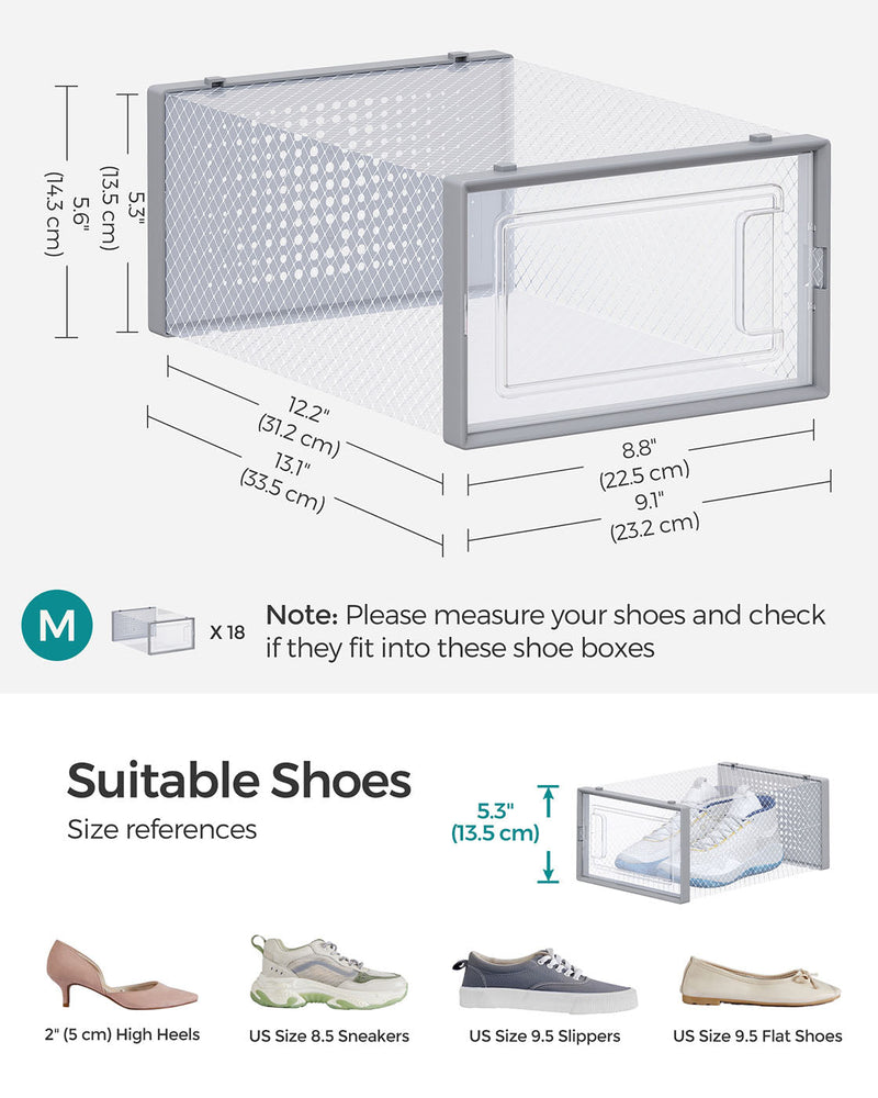 Dimension diagram of a single Songmics shoe storage box showing 33.5 x 23.2 x 14.3cm
