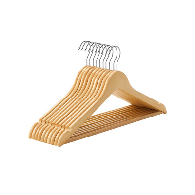 Stack of 10 solid wood coat hangers with silver rotating metal hooks